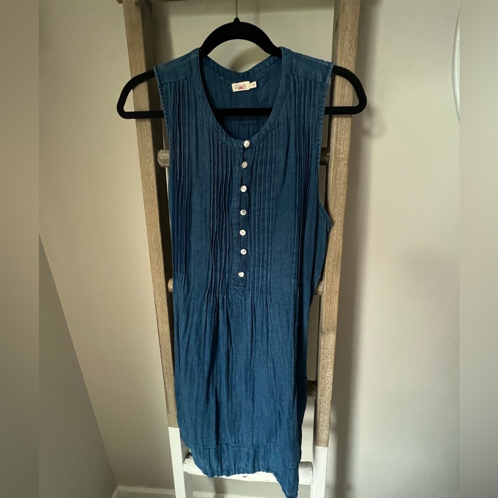 Faherty Teal Sleeveless Pintuck Midi Dress with Front Buttons